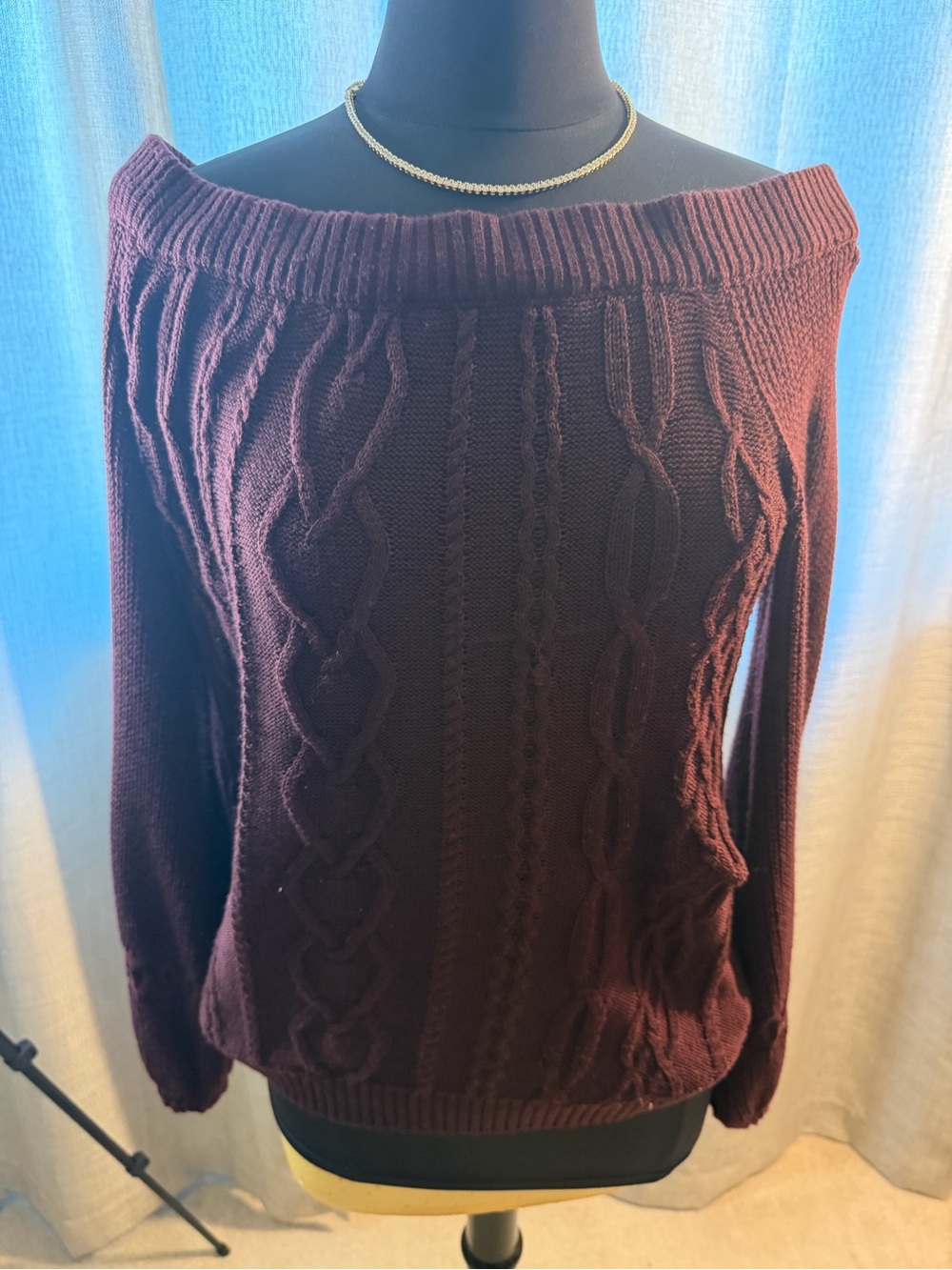 New York & Company Off-the-Shoulder Cable Knit Sweater - Wine